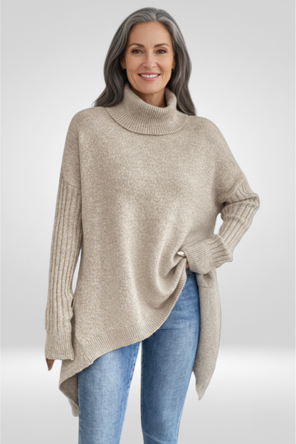 Cozy Oversized Turtleneck Sweater with Asymmetric Hem for Effortless Style 0