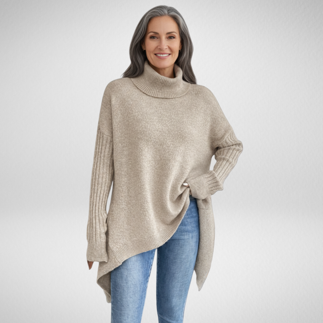 Cozy Oversized Turtleneck Sweater with Asymmetric Hem for Effortless Style 1