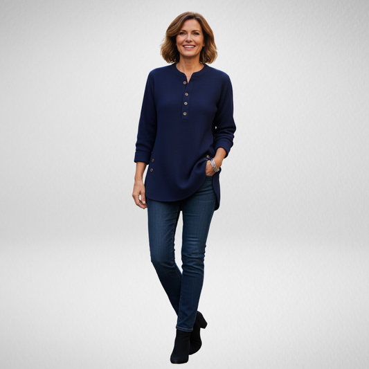 Cressida Relaxed Fit Tunic Sweater - Soft Knit with Curved Hem & Henley Neckline 1