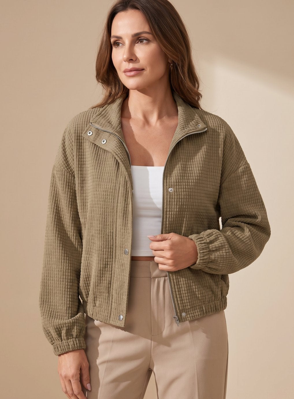 Cropped Waffle-Knit Jacket with Stand Collar and Snap Button Closure 0