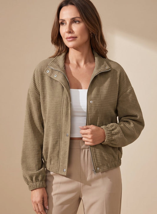 Cropped Waffle-Knit Jacket with Stand Collar and Snap Button Closure 0