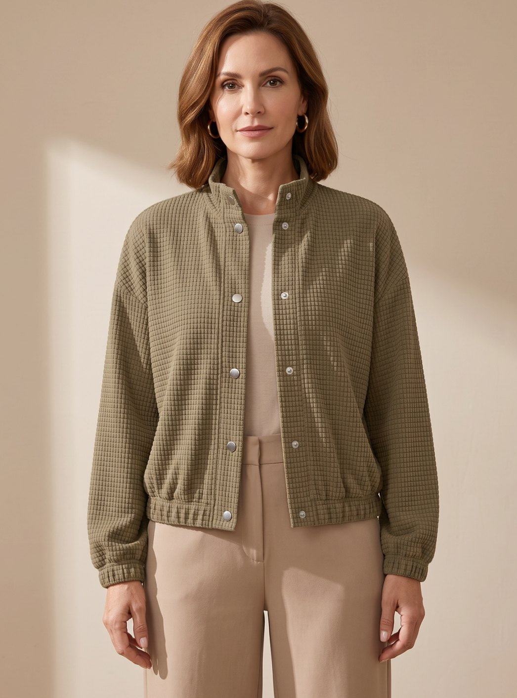 Cropped Waffle-Knit Jacket with Stand Collar and Snap Button Closure 1