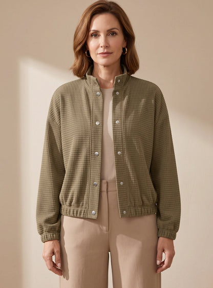 Cropped Waffle-Knit Jacket with Stand Collar and Snap Button Closure 1