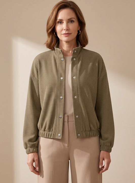 Cropped Waffle-Knit Jacket with Stand Collar and Snap Button Closure 1