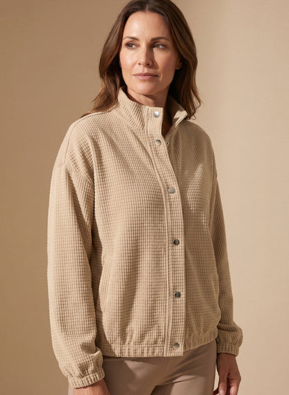 Cropped Waffle-Knit Jacket with Stand Collar and Snap Button Closure 2