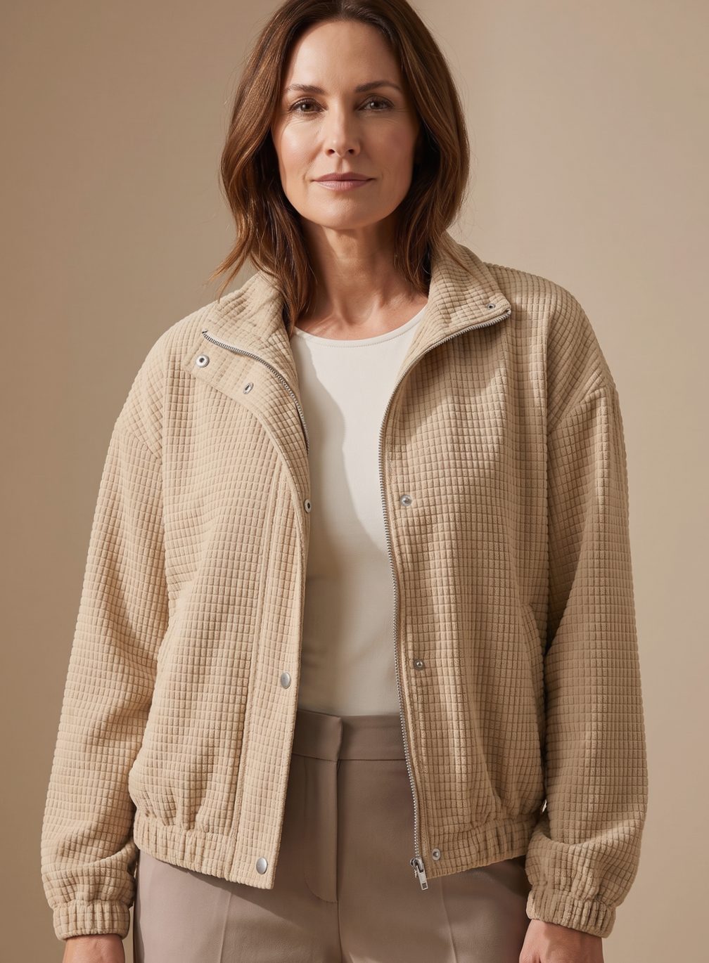 Cropped Waffle-Knit Jacket with Stand Collar and Snap Button Closure 3