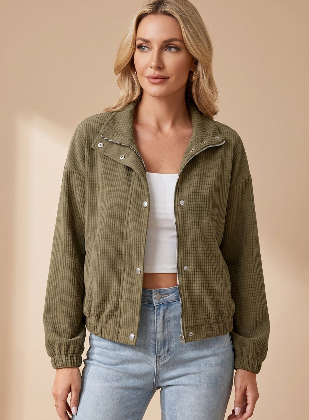 Cropped Waffle-Knit Jacket with Stand Collar and Snap Button Closure 5