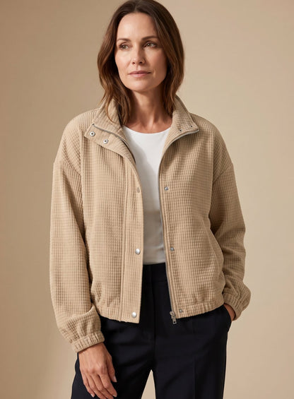Cropped Waffle-Knit Jacket with Stand Collar and Snap Button Closure 6