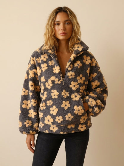 Daisy Oversized Sweater - Ultra-Soft Sherpa Fleece with Boho Floral Design 0