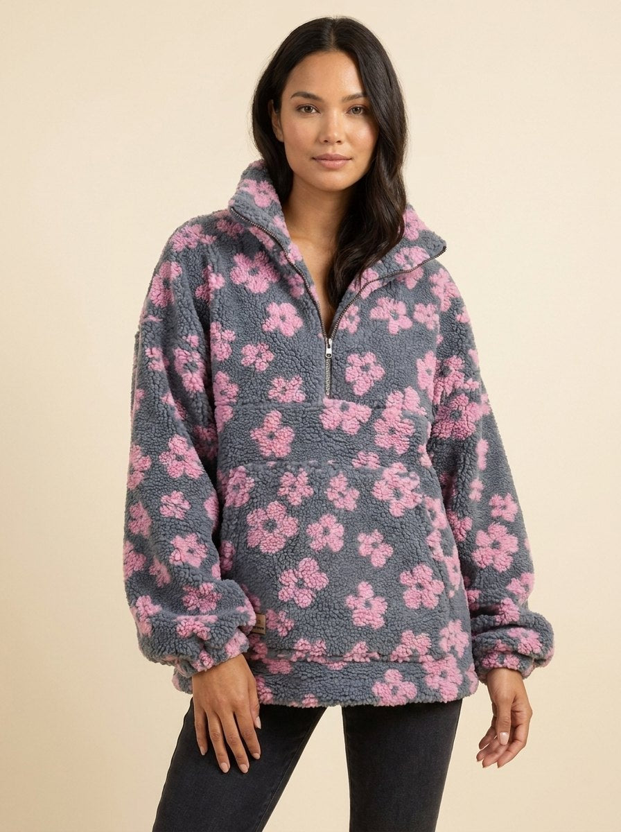 Daisy Oversized Sweater - Ultra-Soft Sherpa Fleece with Boho Floral Design 1