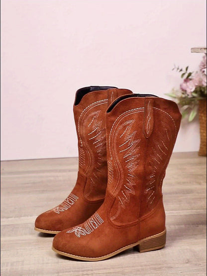 Damaris Wide Calf Western Cowboy Boots with Embroidered Detail and Round Toe 0