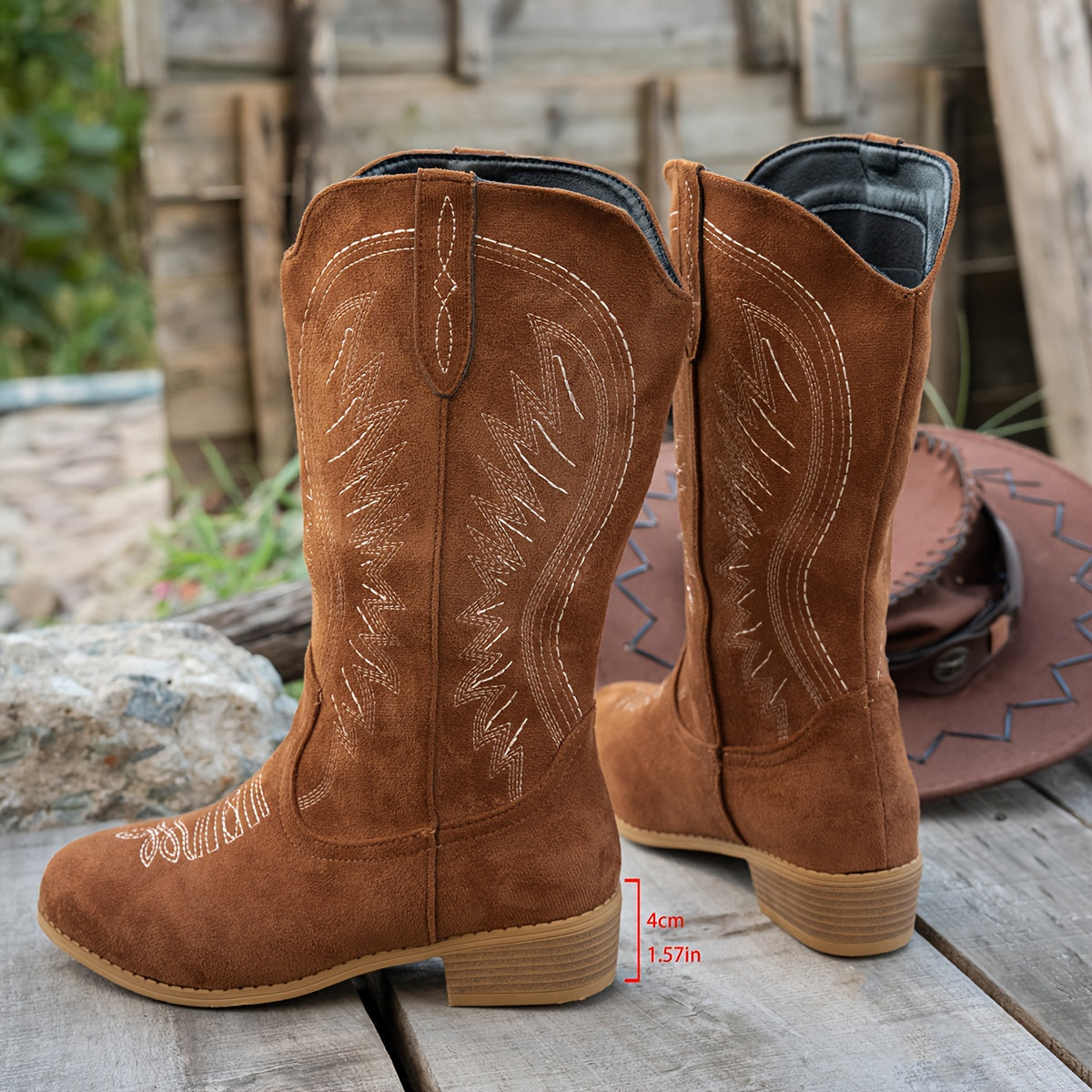 Damaris Wide Calf Western Cowboy Boots with Embroidered Detail and Round Toe 4