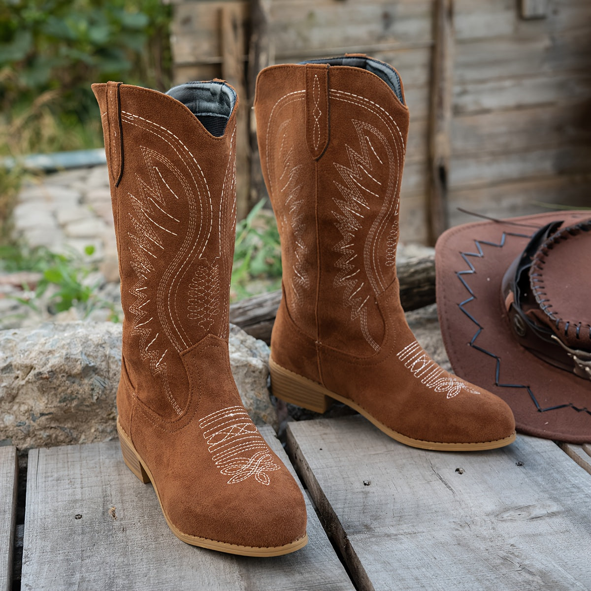 Damaris Wide Calf Western Cowboy Boots with Embroidered Detail and Round Toe 5
