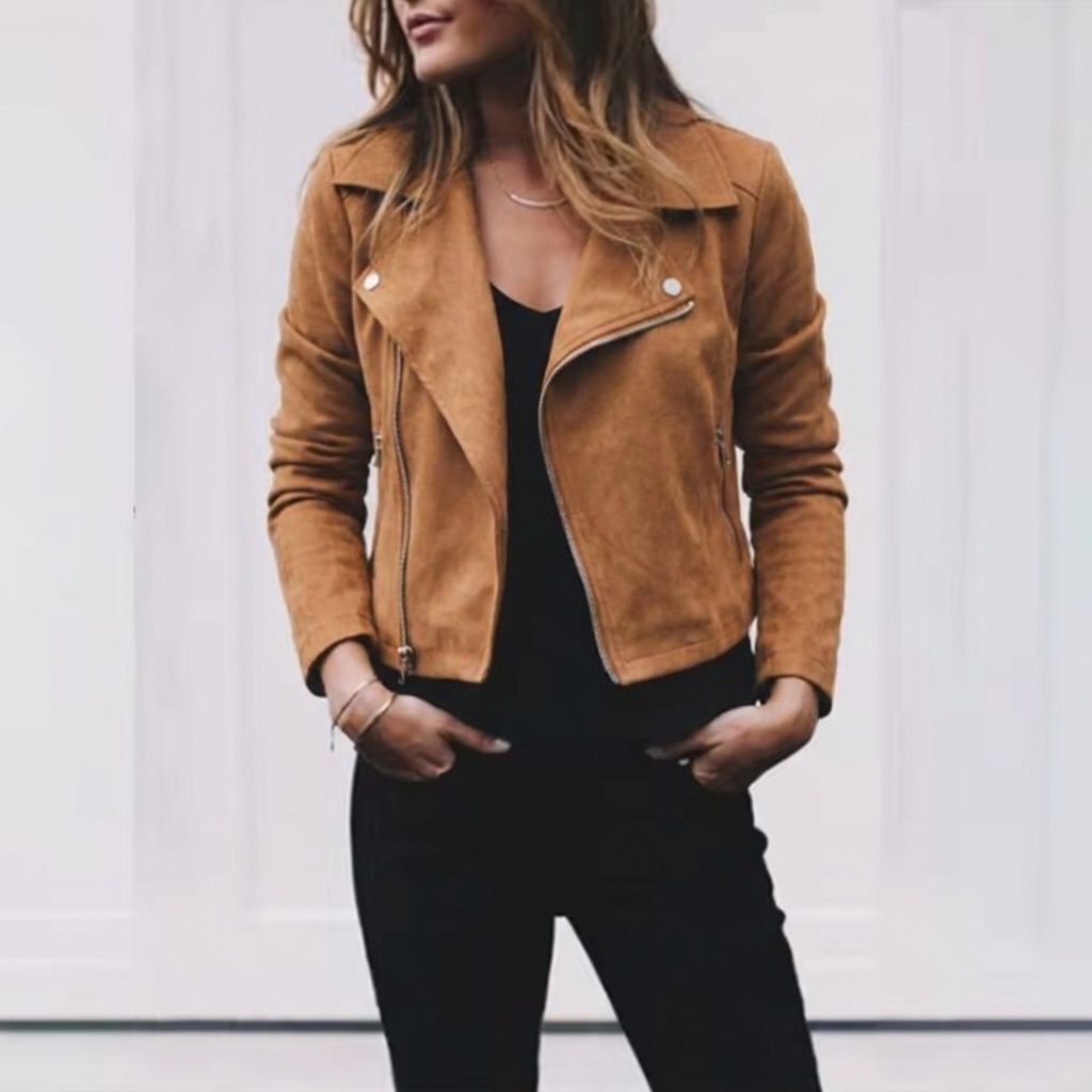 Danica - Suede Cropped Jacket with Notched Lapel Collar and Asymmetrical Zip 0