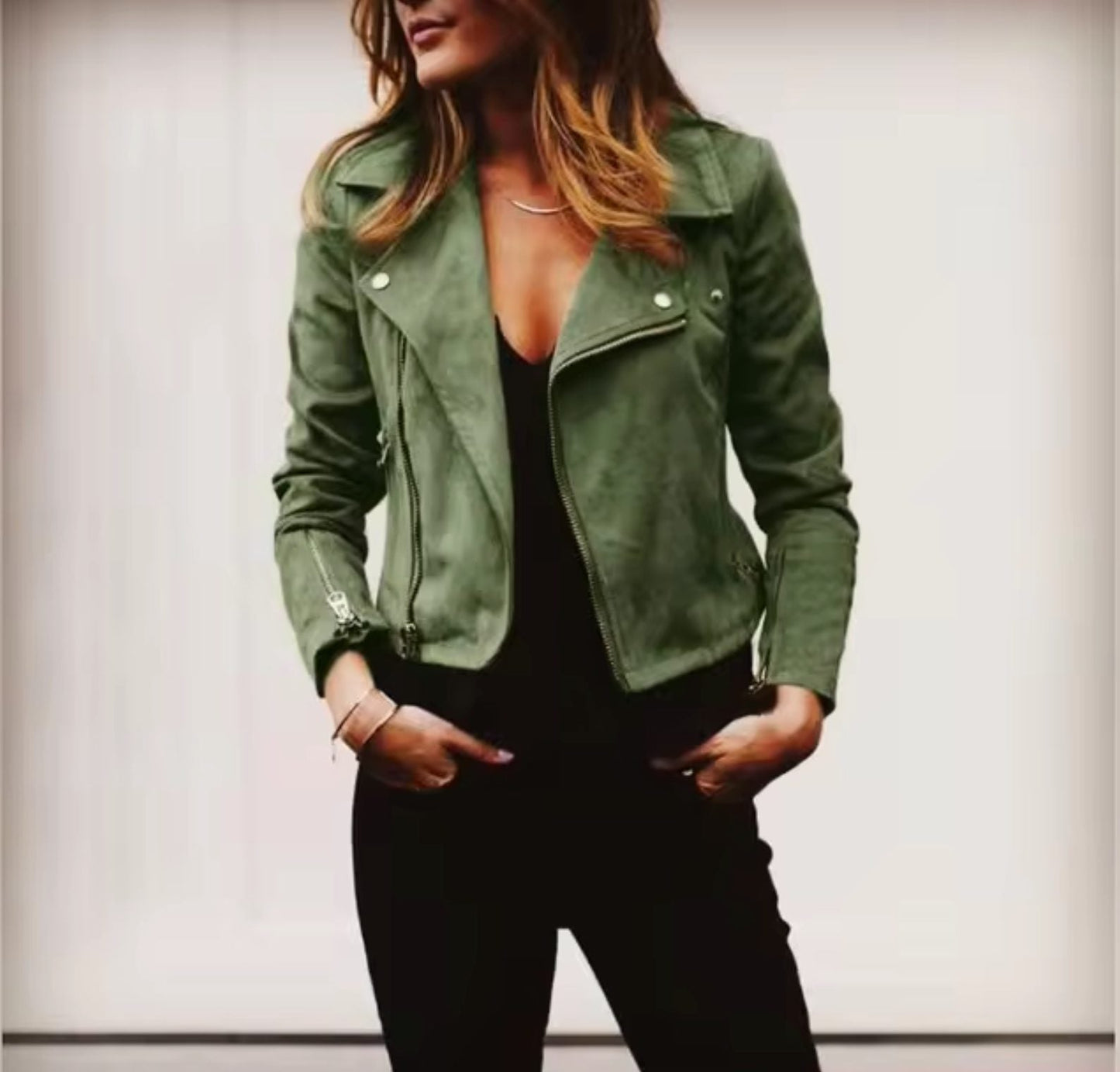 Danica - Suede Cropped Jacket with Notched Lapel Collar and Asymmetrical Zip 3
