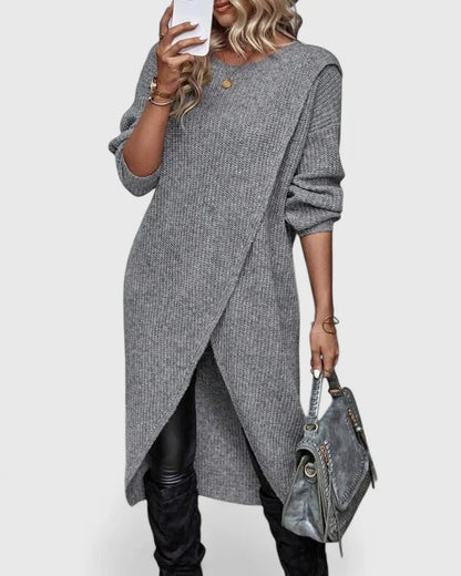 Darina Knit Black Midi Sweater Dress with Asymmetric Wrap Hem & Long Sleeves 0