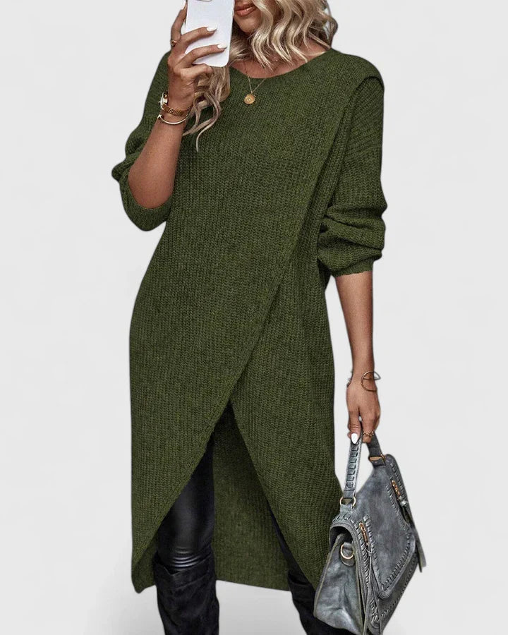 Darina Knit Black Midi Sweater Dress with Asymmetric Wrap Hem & Long Sleeves 1