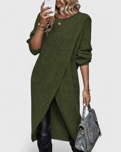 Darina Knit Black Midi Sweater Dress with Asymmetric Wrap Hem & Long Sleeves 1