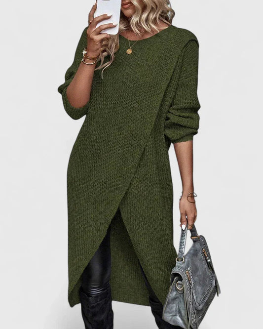 Darina Knit Black Midi Sweater Dress with Asymmetric Wrap Hem & Long Sleeves 1