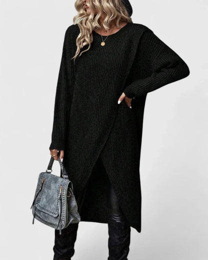 Darina Knit Black Midi Sweater Dress with Asymmetric Wrap Hem & Long Sleeves 2
