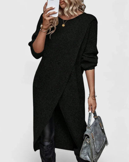 Darina Knit Black Midi Sweater Dress with Asymmetric Wrap Hem & Long Sleeves 3