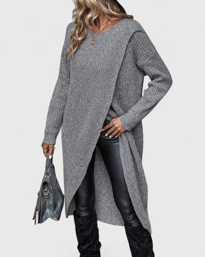 Darina Knit Black Midi Sweater Dress with Asymmetric Wrap Hem & Long Sleeves 4