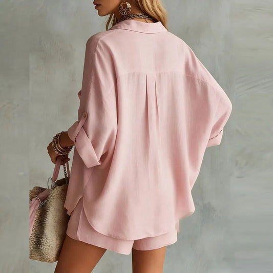 Delphine - Women's Two Piece Loungewear Set with Relaxed Fit Shirt and Shorts 1