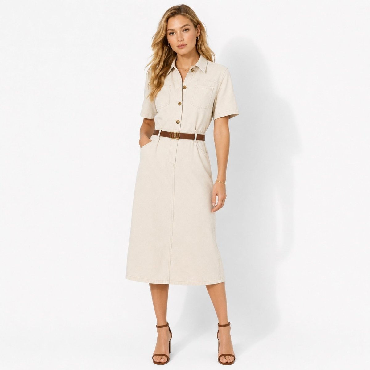 Ecru Midi Dress - Premium Cotton-Blend Twill with Tortoiseshell Buttons 0