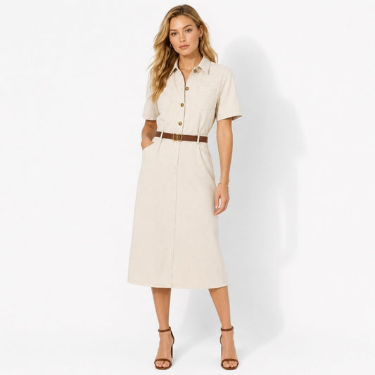 Ecru Midi Dress - Premium Cotton-Blend Twill with Tortoiseshell Buttons 0