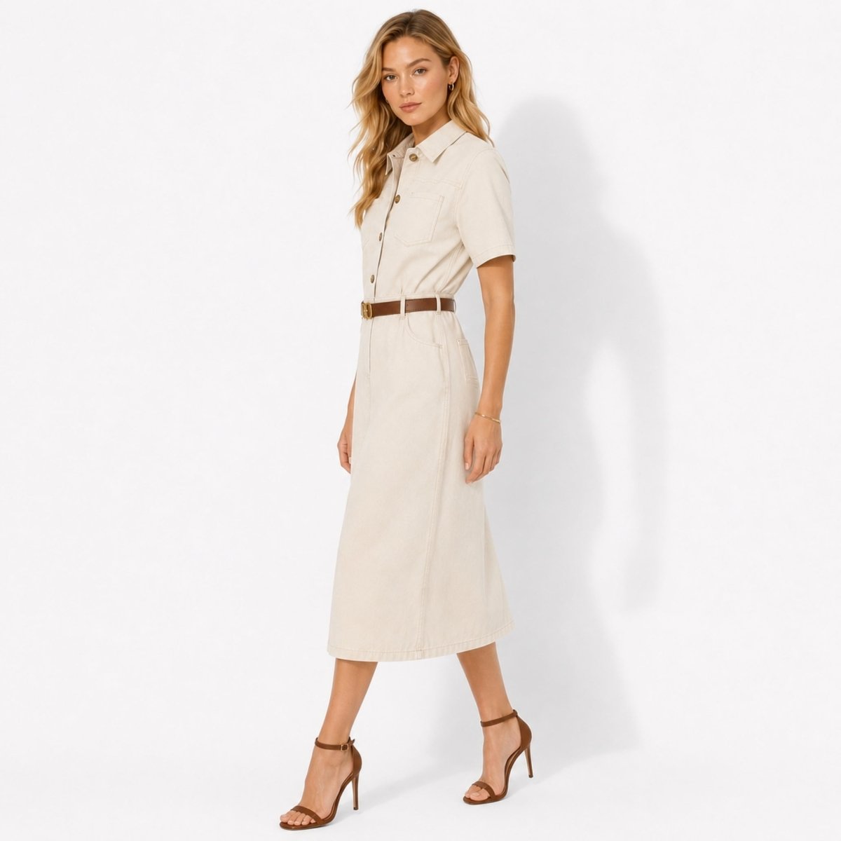 Ecru Midi Dress - Premium Cotton-Blend Twill with Tortoiseshell Buttons 1