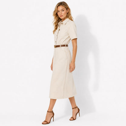 Ecru Midi Dress - Premium Cotton-Blend Twill with Tortoiseshell Buttons 1