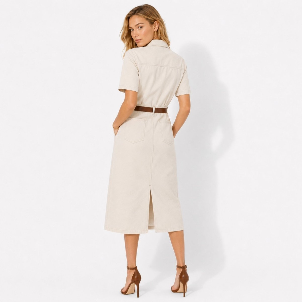 Ecru Midi Dress - Premium Cotton-Blend Twill with Tortoiseshell Buttons 2