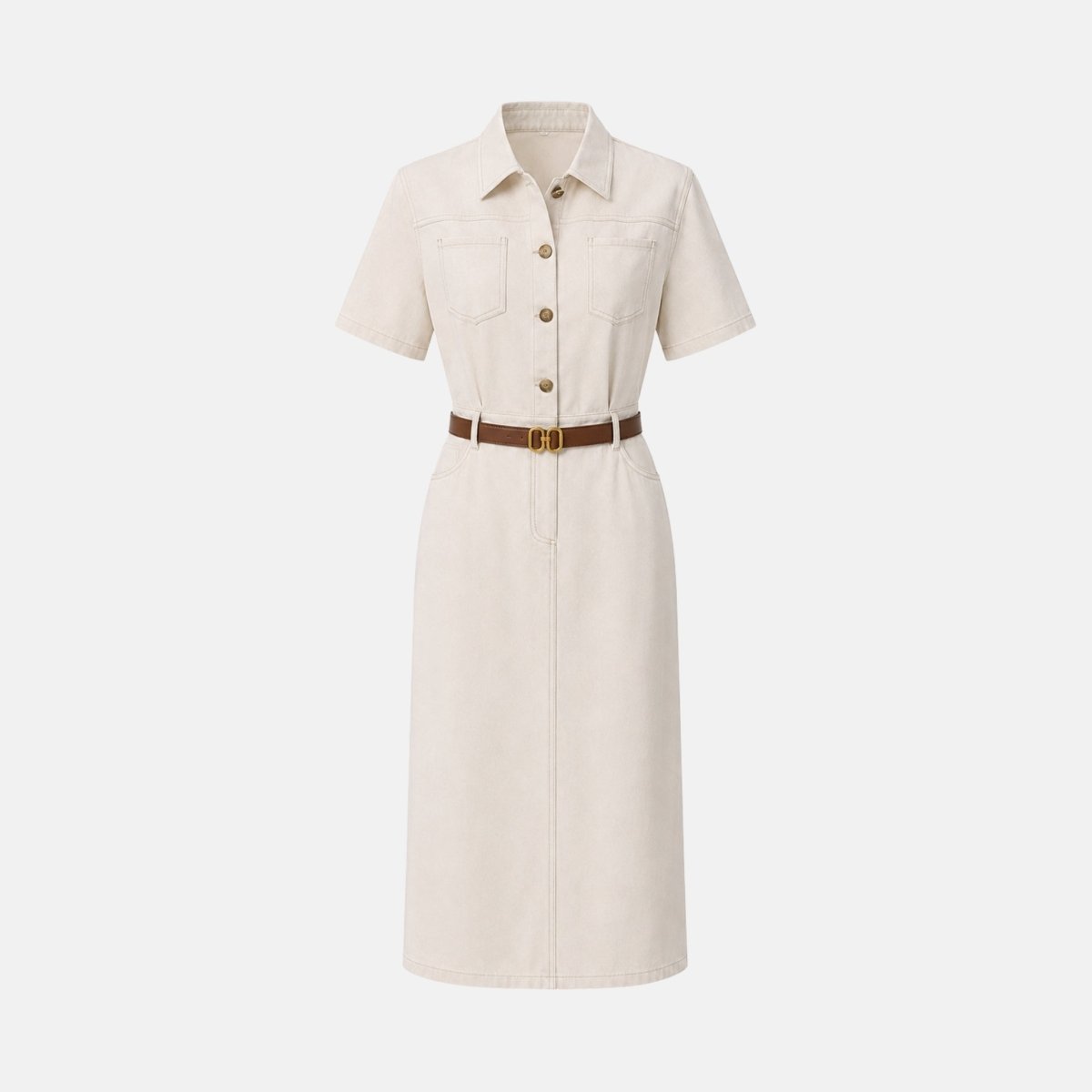 Ecru Midi Dress - Premium Cotton-Blend Twill with Tortoiseshell Buttons 3