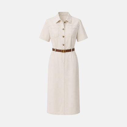 Ecru Midi Dress - Premium Cotton-Blend Twill with Tortoiseshell Buttons 3
