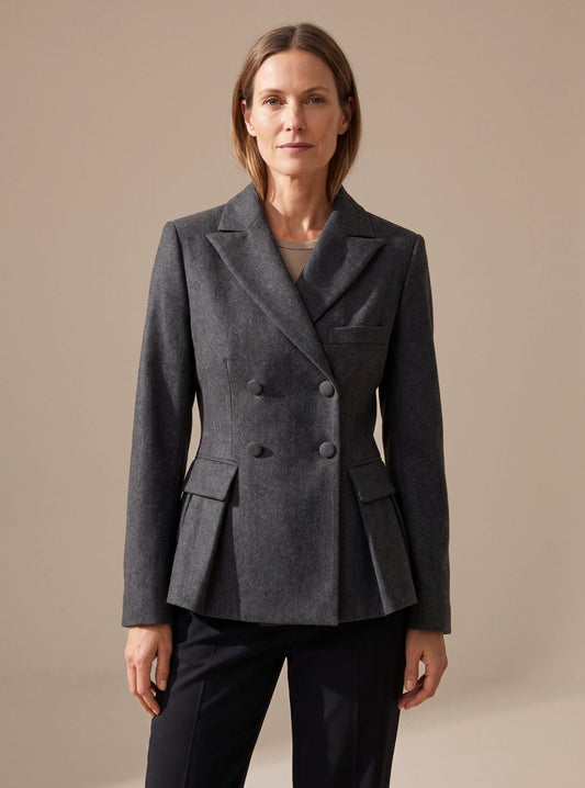 Elegant Black Blazer - Double-Breasted Peplum Design with Notch Lapel 0