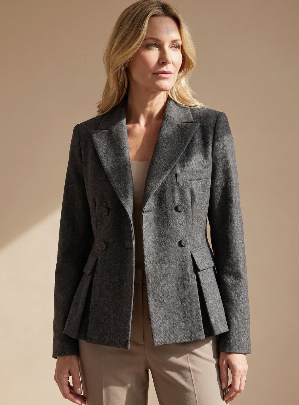 Elegant Black Blazer - Double-Breasted Peplum Design with Notch Lapel 2