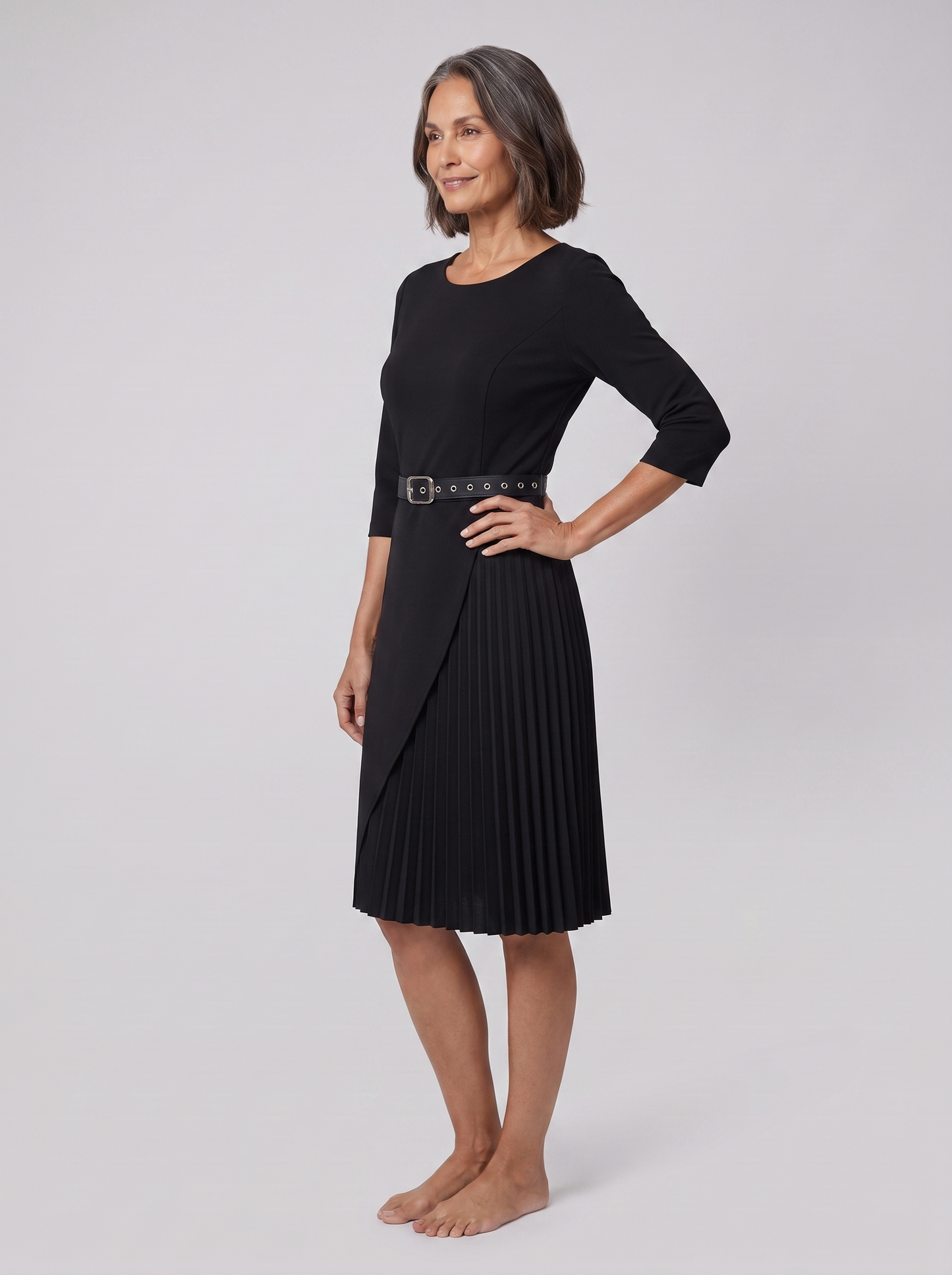 Elegant Black Midi Dress with Split Sleeves & Belted Waist for Cocktail Parties 0