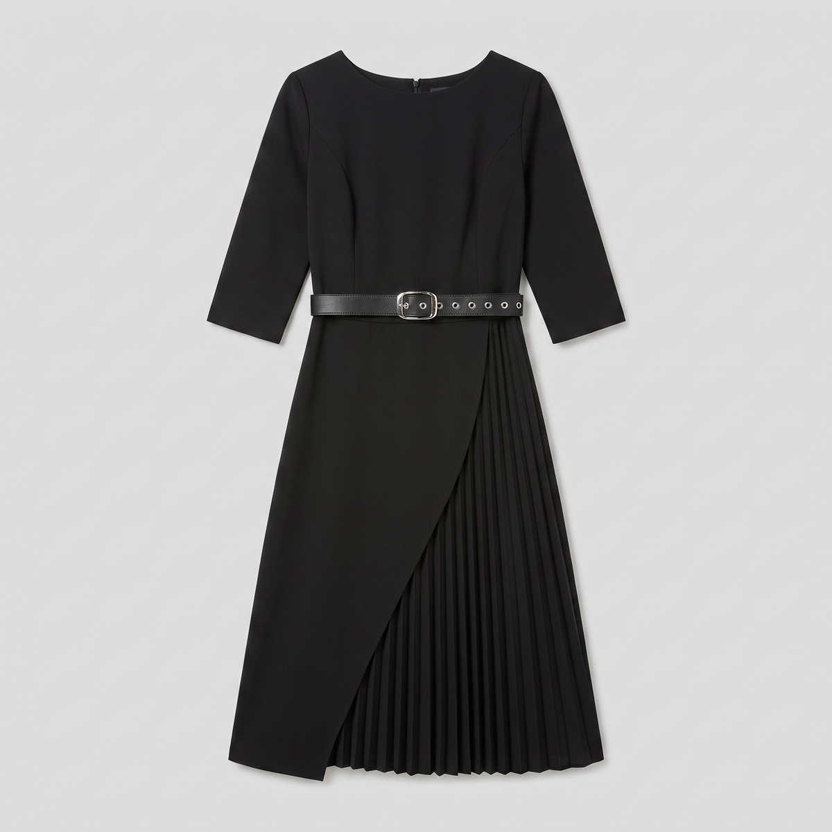 Elegant Black Midi Dress with Split Sleeves & Belted Waist for Cocktail Parties 1
