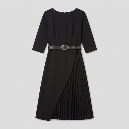 Elegant Black Midi Dress with Split Sleeves & Belted Waist for Cocktail Parties 1