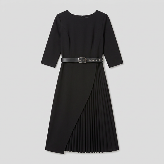 Elegant Black Midi Dress with Split Sleeves & Belted Waist for Cocktail Parties 1