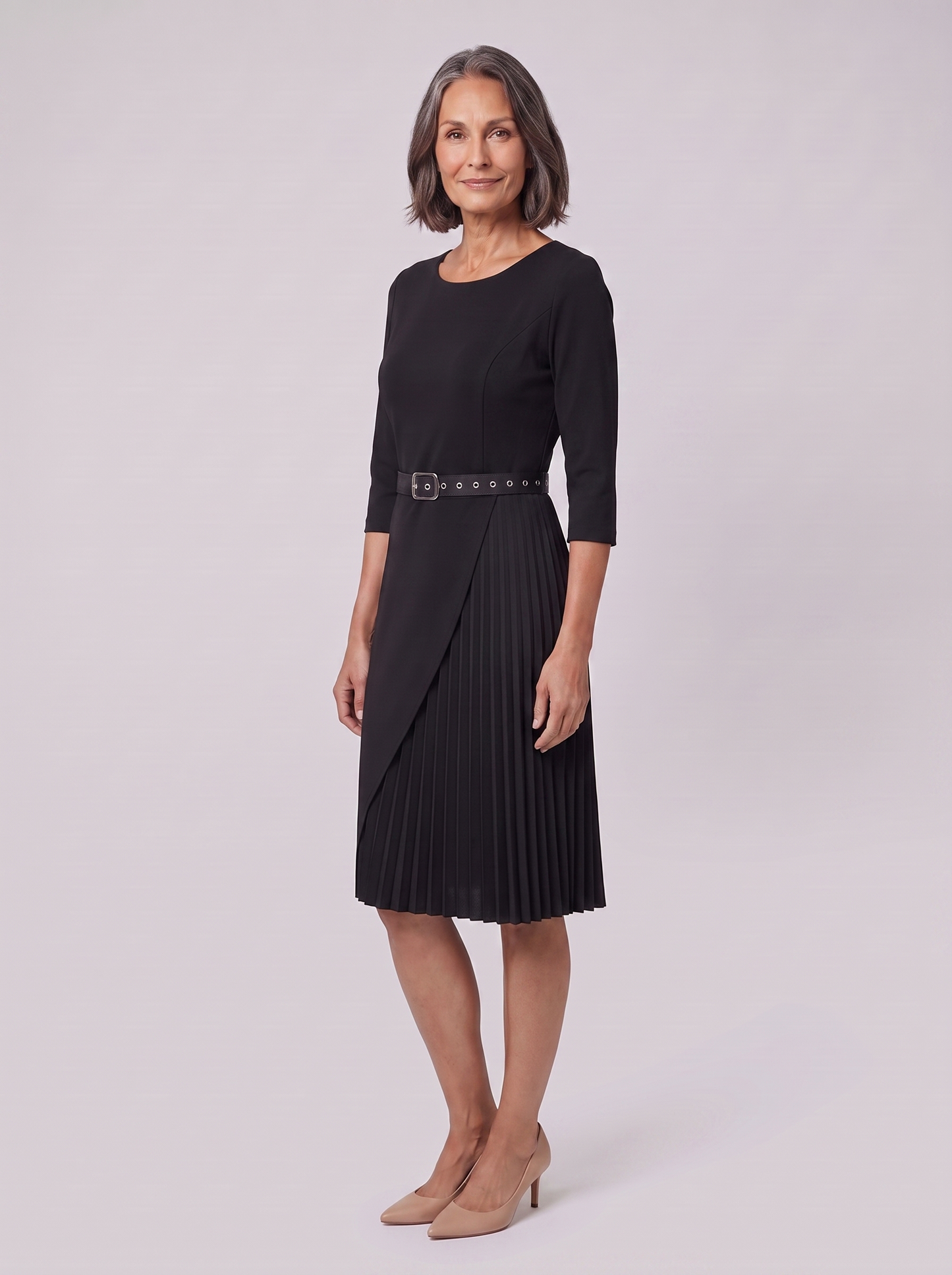 Elegant Black Midi Dress with Split Sleeves & Belted Waist for Cocktail Parties 4