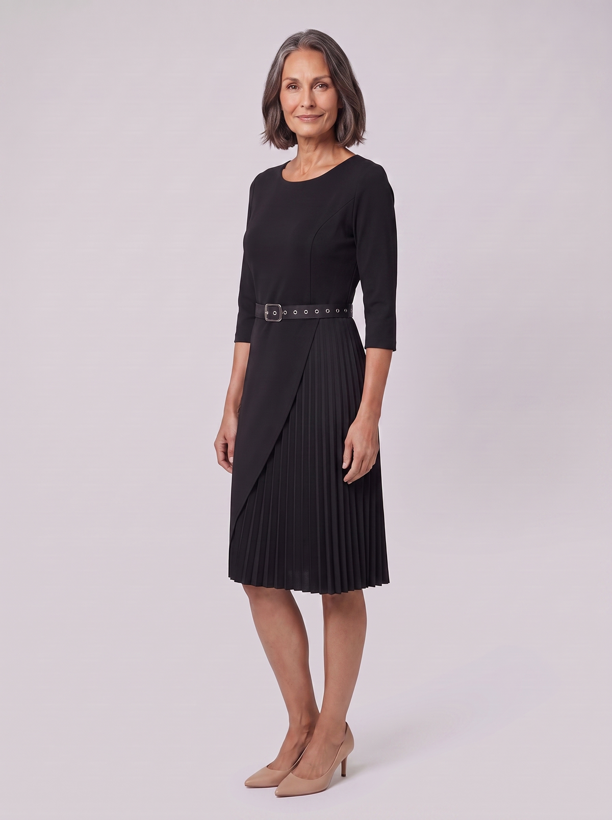 Elegant Black Midi Dress with Split Sleeves & Belted Waist for Cocktail Parties 4