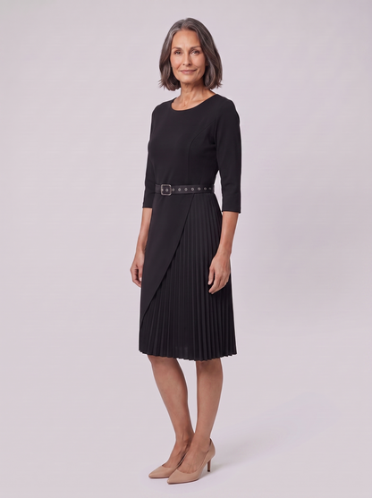 Elegant Black Midi Dress with Split Sleeves & Belted Waist for Cocktail Parties 4