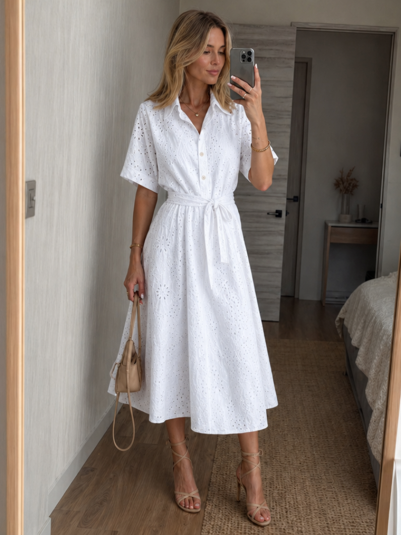 Elegant Eyelet Midi Dress - Collared Tie Waist Summer Dress for Events 0