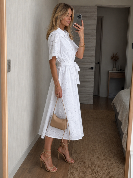 Elegant Eyelet Midi Dress - Collared Tie Waist Summer Dress for Events 1