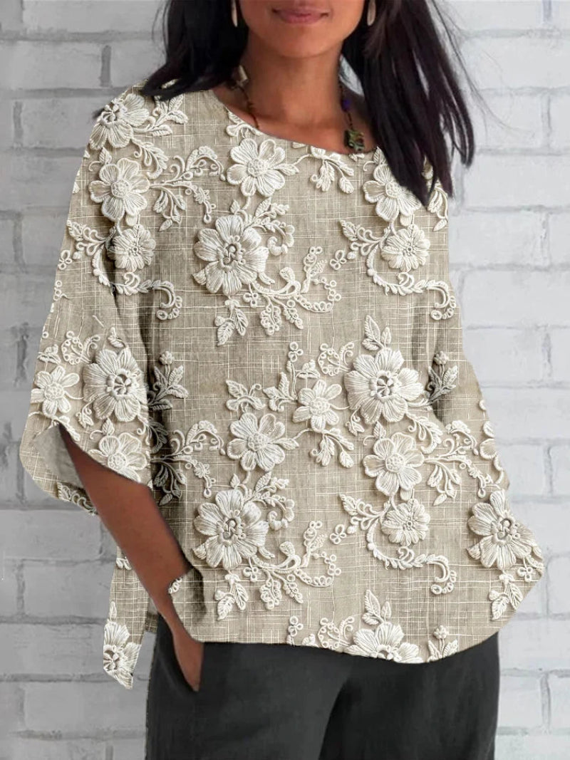 Elegant Floral Embroidered Blouse with Three-Quarter Sleeves - Soft Fabric, Relaxed Fit 0