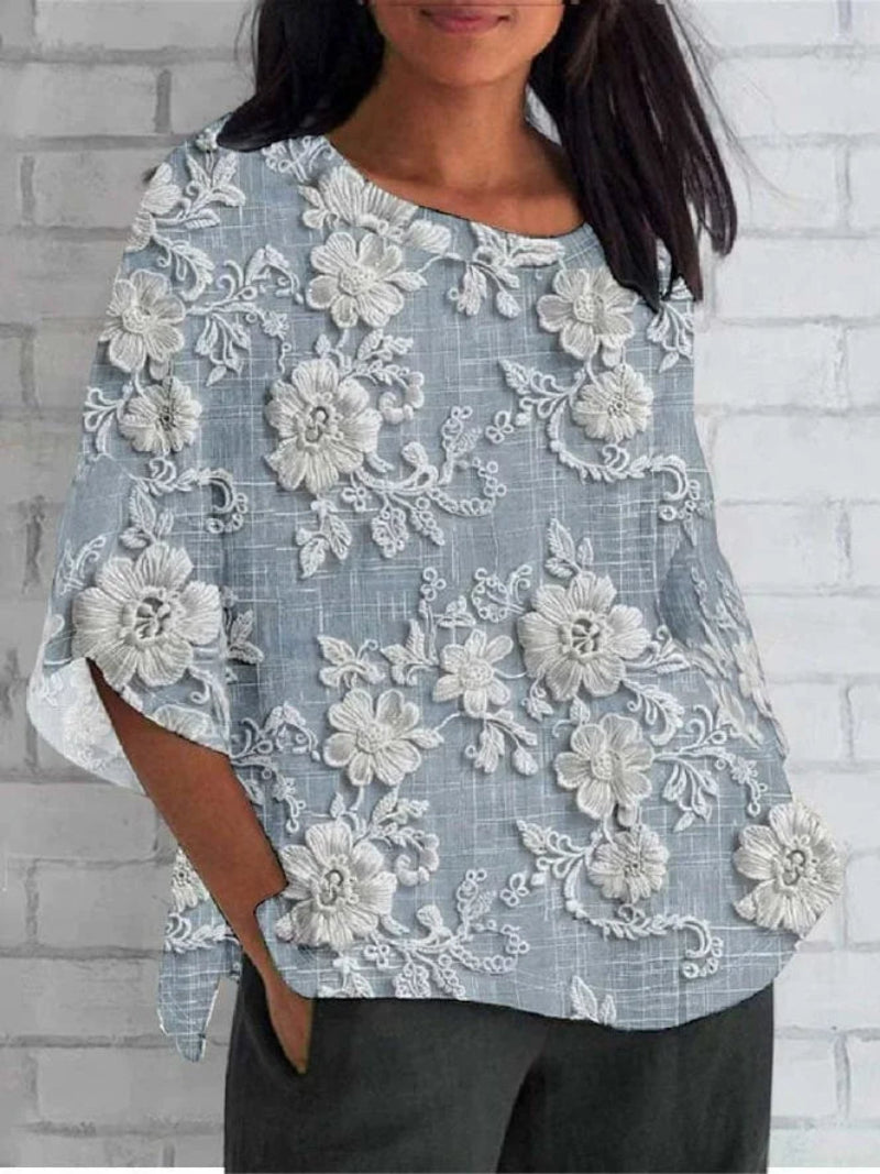 Elegant Floral Embroidered Blouse with Three-Quarter Sleeves - Soft Fabric, Relaxed Fit 1