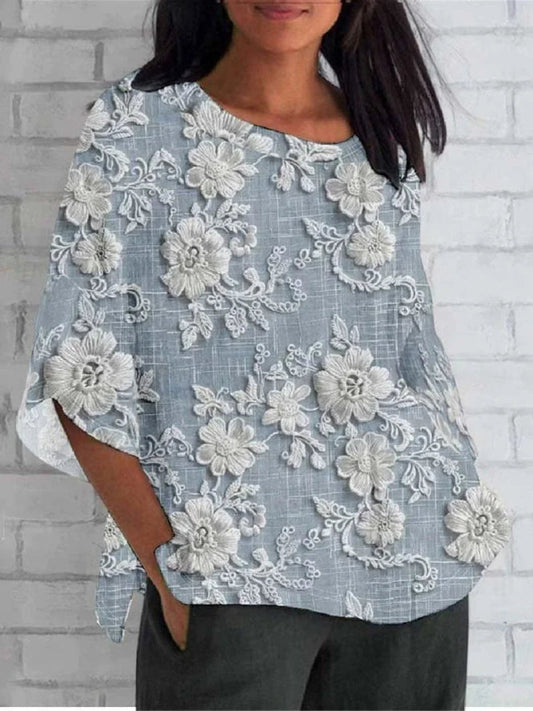 Elegant Floral Embroidered Blouse with Three-Quarter Sleeves - Soft Fabric, Relaxed Fit 1