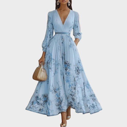 Elegant Floral Long Sleeve Maxi Dress with Waist Tie for Special Occasions 3