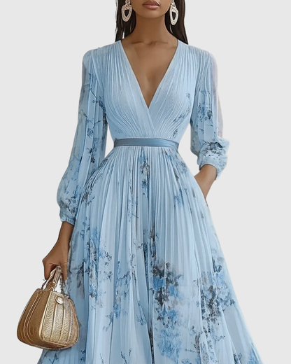 Elegant Floral Long Sleeve Maxi Dress with Waist Tie for Special Occasions 4